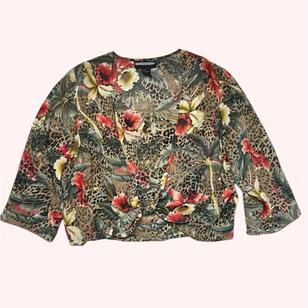 🍪 Requirements Woman Tropical Floral Leopard Tie-Front 2-fer Blouse 1X